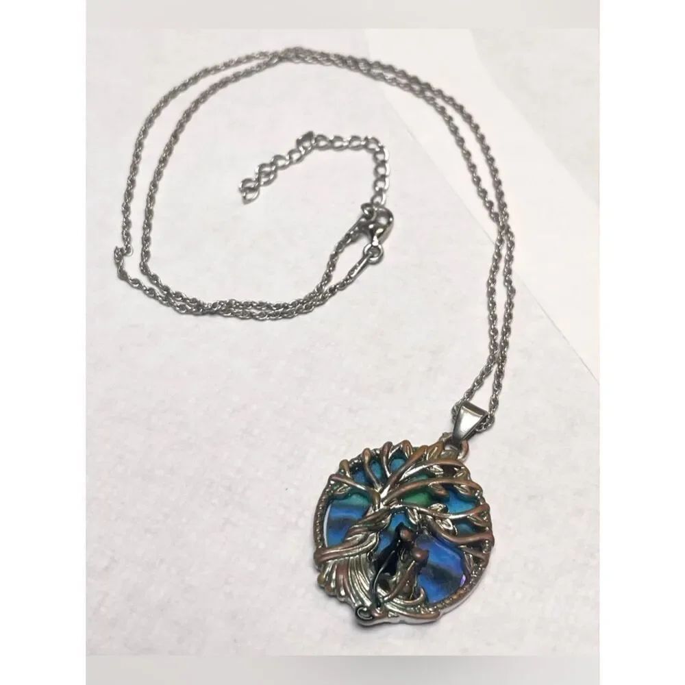 Tree of Life w/Cats Sterling Silver (.925) Necklace w/Blue-Green Enamel Pendant
